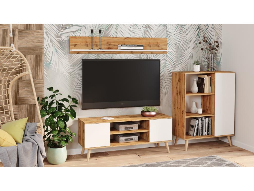 Oak Wood, Bookcase, White And Beige